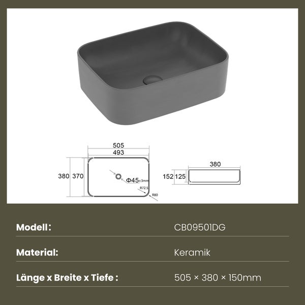 EMKE Aufsatzwaschbecken Keramik 505x380 mm Dunkelgrau, Eckig, Pflegeleicht, Design Waschtisch, Handwaschbecken für Bad & Gäste-WC, Höhe 150 mm