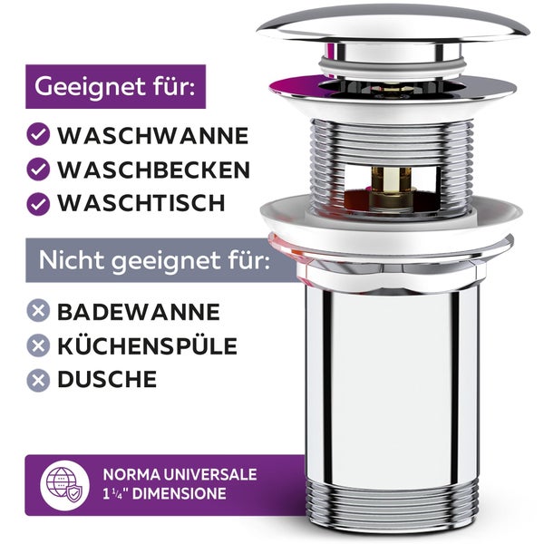 M. ROSENFELD HOME Pop Up Ventileinsätze mit Überlauf für Waschtisch - Waschbecken Ablaufgarnitur - Chrom Ablaufventil mit 4 Ersatzdichtungen aus Messing für Waschbecken Abflussgarnitur