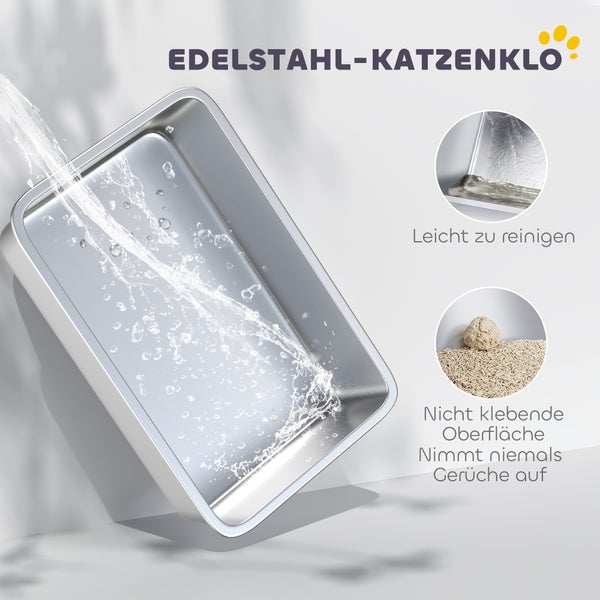 Edelstahl-Katzenklo wird mit Wasser abgespült, Merkmale: leicht zu reinigen, nicht klebende Oberfläche und nimmt keine Gerüche auf.