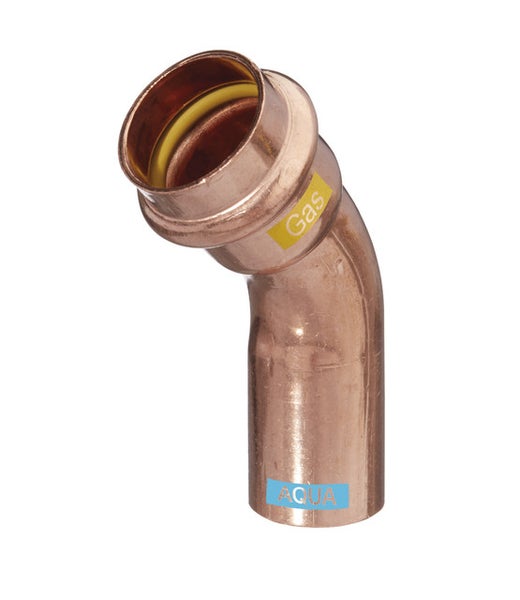 Kupfer-Pressfitting Bogen 45 Grad mit Einsteckende für Gas und Wasser.