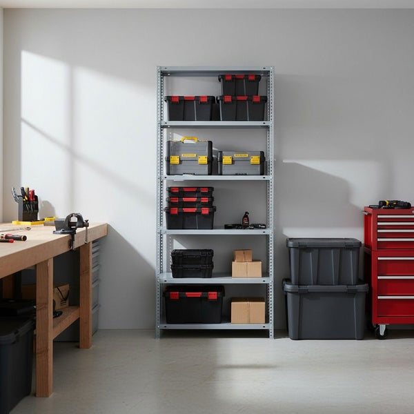 Organisierte Werkstatt mit grauem Metallregal für Werkzeugkoffer. Links eine Werkbank aus Holz mit Schraubstock, rechts ein roter Werkstattwagen.