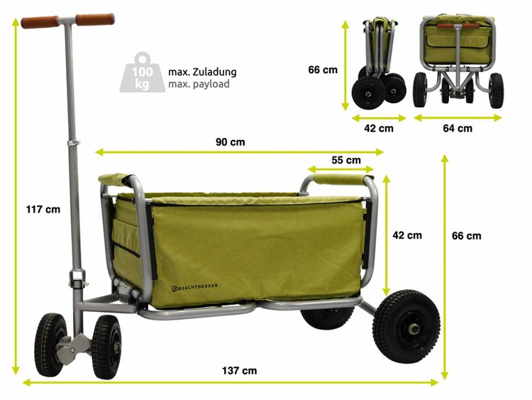 Bollerwagen mit Maßen und maximaler Zuladung von 100 Kilogramm dargestellt.