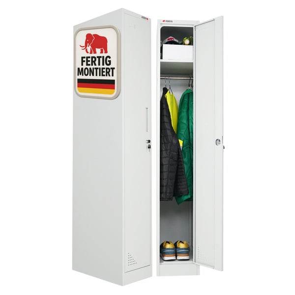 Metallspind fertig montiert, eine Tür geschlossen, eine Tür offen mit Kleiderstange, Jacken, Schuhen und Fachboden, PROREGAL Logo.