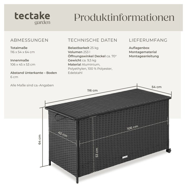 tectake garden Logo. Infografik einer schwarzen Polyrattan-Auflagenbox mit Maßen 116 mal 54 mal 64 Zentimeter und technischen Daten.
