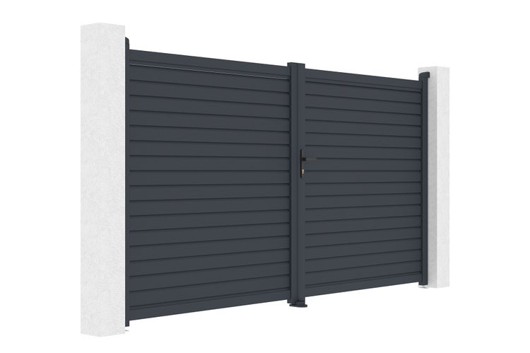 Zweiflügeliges Einfahrtstor aus Aluminium mit horizontalen Lamellen zwischen zwei Pfosten.