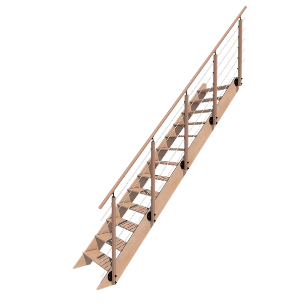 Holztreppe mit Geländer und Edelstahlseilen