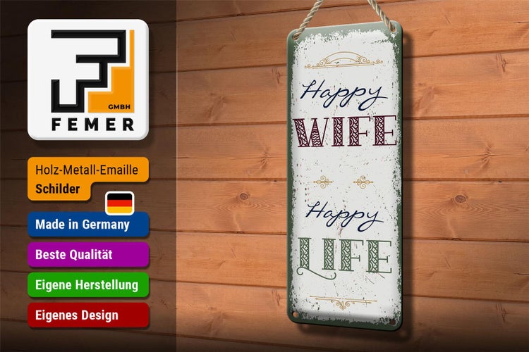 Blechschild Spruch Happy wife happy Life 10x27cm Dekoration