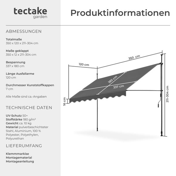 tectake Logo. Diagramm einer Klemmmarkise mit Maßen circa: Breite 350, Ausfall 120, Höhe 211 bis 304 Zentimeter. UV-Schutz 50 plus.