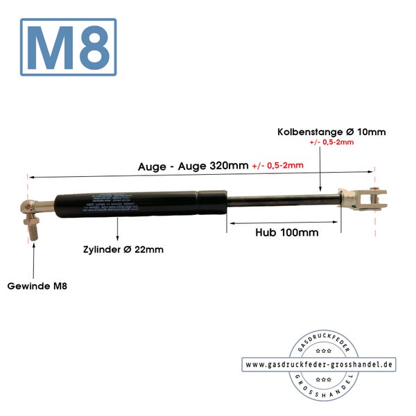 Gasdruckfeder mit M8 Gewinde, 320 Millimeter Länge, 100 Millimeter Hub und 22 Millimeter Zylinder Durchmesser.