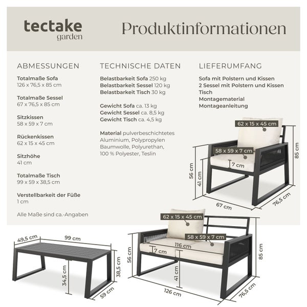 Infografik mit Produktinformationen und Abmessungen für ein Gartenmöbel-Set bestehend aus Sofa, Sessel und Tisch von tectake garden.