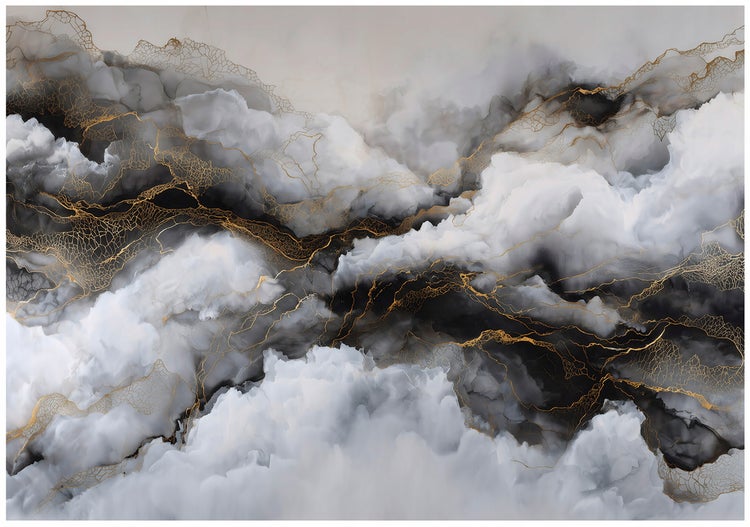 Abstraktes Wandbild mit Wolkenmuster und goldenen Akzenten