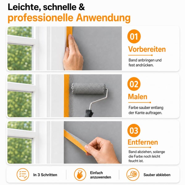 Anleitung zur Anwendung von Malerkrepp in drei Schritten: Vorbereiten durch Ankleben, Malen entlang der Kante und Entfernen des Bands.