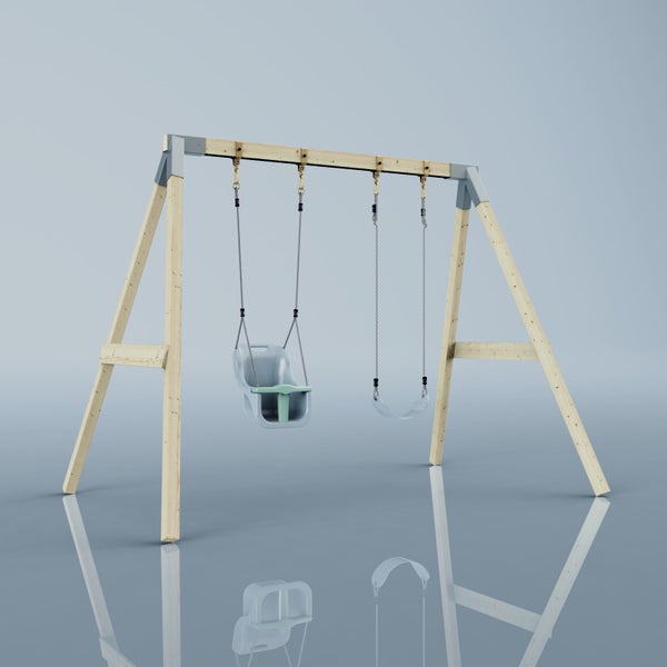 Doppelschaukel mit hellem Holzgestell, grauen Metallverbindern, einem Kleinkindsitz und einem Standardsitz.