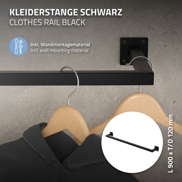 ML-Design 2er Set Kleiderstange Rechteck für die Wand, T12cm x B90cm, Schwarz, aus Stahl, Garderobenstange U-Form, Kleiderständer Wandmontage, Kleidergestell Garderobenhalter, inkl. Montagematerial