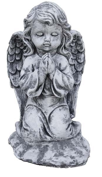 Betender Engel als Gartenfigur aus Steinguss in grauer Optik für den Außenbereich
