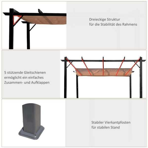 Outsunny Pergola Pavillon mit einstellbarem Stoffdach 3 x 4 m Terrassen-Vordach Aluminium Sonnenschutz Überdachung Terrasse Garten Grau+Braun