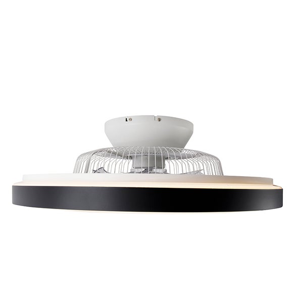 Moderner Deckenventilator mit integrierter LED Beleuchtung, kreisförmiges Design mit schwarzem Rand und Schutzgitter für die Flügel.