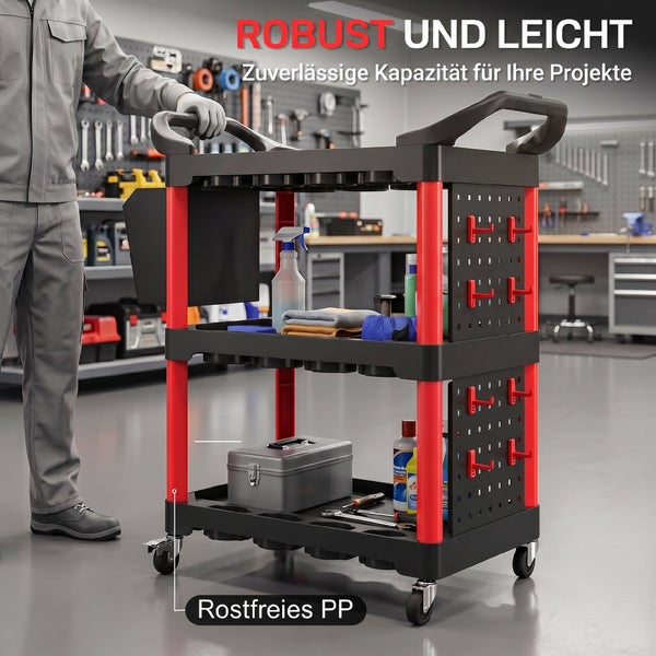Robuster Werkstattwagen aus Kunststoff mit drei Ablageflächen und Lochwand für Werkzeug in einer organisierten Werkstattumgebung.
