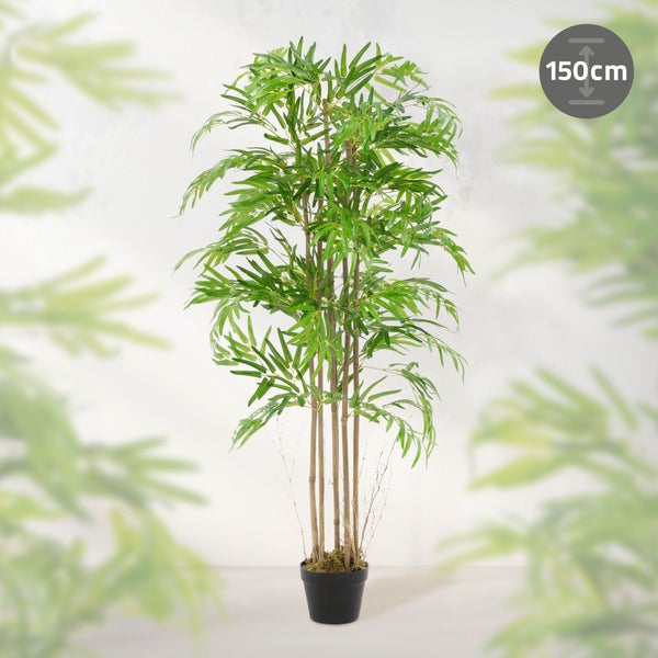 ML-Design Künstlicher Bambus 150 cm, Künstliche Pflanzen groß, Kunstpflanze mit Echtholzstamm, Fake Plastik Pflanze Dekoration im Topf für Indoor und Outdoor, Kunstbaum wie echt für Wohnzimmer Büro