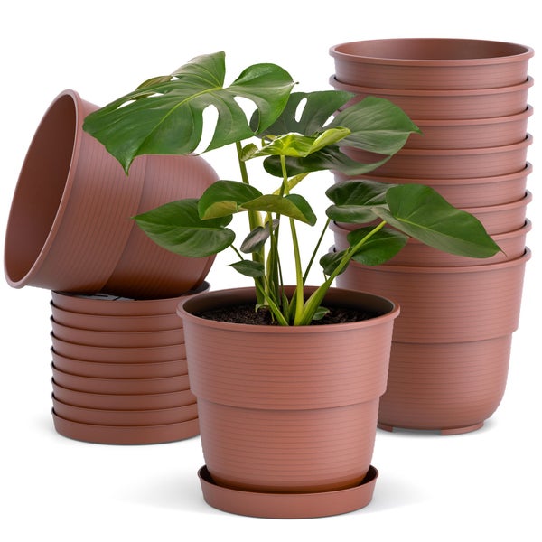 Plastard Blumentopf 10er Set mit Untersetzer Terrakotta 26 x 21 cm Pflanzkübel für Innen und Außen