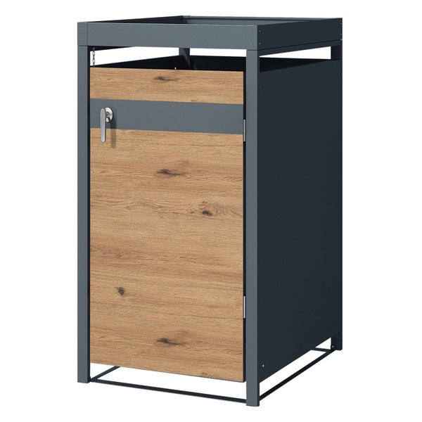 ML-Design Mülltonnenbox 1er mit Pflanzdach für 1 Tonne, 240L, 68x80x124 cm, Eiche-Optik, Stahl, wetterfest, Abschließbare Mülltonnenverkleidung mit Tür, Müllbox Mülltonnecontainer Mülltonnenabdeckung