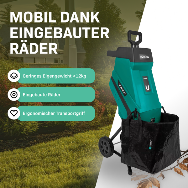 VONROC Gartenhäcksler elektrisch 2500W - Messerhäcksler für Äste bis zu 45mm - Leise & Robust - Häcksler Maschine für Gartenabfälle inkl 45L Auffangsack
