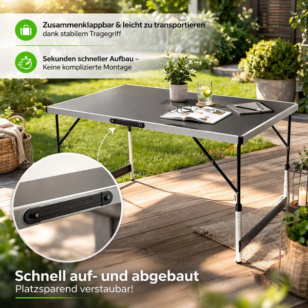 Zusammenklappbarer Campingtisch mit Tragegriff auf einer Holzterrasse für einfachen Transport und schnellen Aufbau.