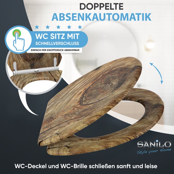 Sanilo Toilettensitz in Holzoptik mit doppelter Absenkautomatik und Schnellverschluss. Sanilo Logo.