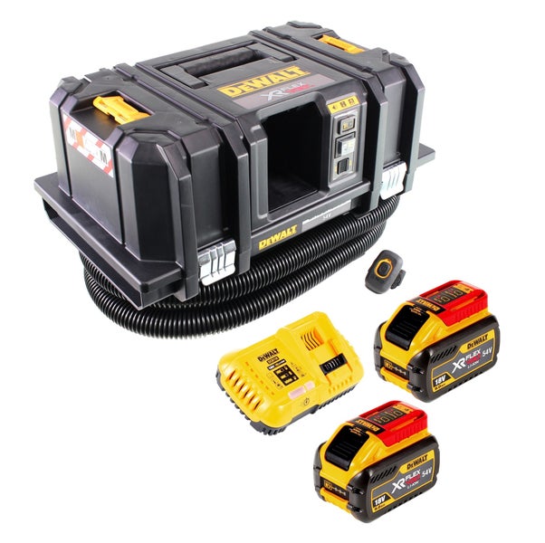 DeWalt Akku-Staubsauger Set mit Staubsauger in einer TSTAK Box, zwei FlexVolt Akkus, einem Ladegerät und einer Fernbedienung.