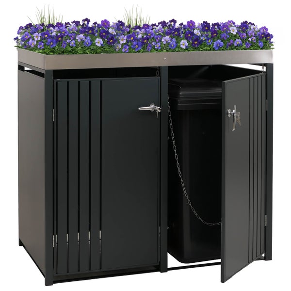 Mülltonnenbox mit Pflanzkasten und geöffneten Türen