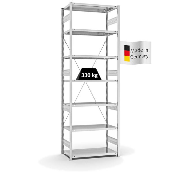 PROREGAL Fachbodenregal Stecksystem T-Profil Heavy-Duty Grundregal HxBxT 300 x 100 x 50 cm 7 Ebenen Fachlast 330 kg Einseitig Nutzbar Lichtgrau