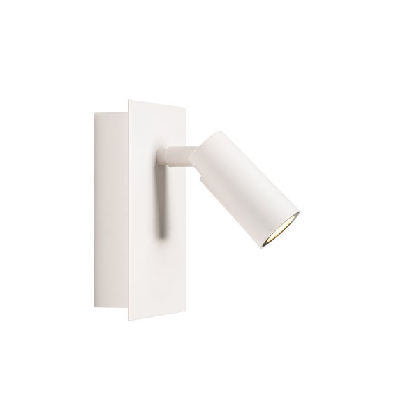 Verstellbarer Wandstrahler in mattem Weiß mit rechteckiger Wandhalterung und zylindrischem Leuchtenkopf.