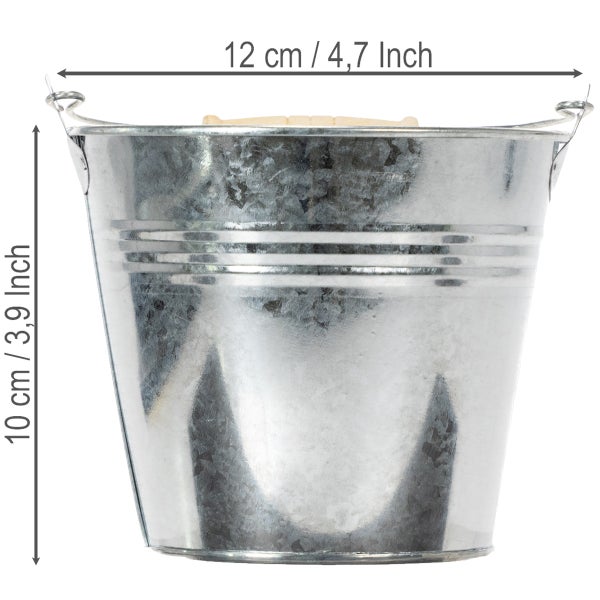Verzinkter Metalleimer mit Holzgriff, Durchmesser 12 Zentimeter oder 4,7 Zoll, Höhe 10 Zentimeter oder 3,9 Zoll.