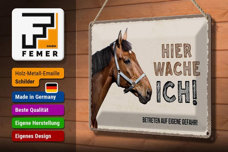 Blechschild Spruch 30x20cm Pferd links hier wache ich eigene Gefahr Schild