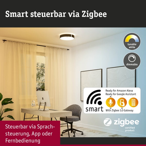 Moderne Deckenleuchte im hellen, organisierten Arbeitszimmer, steuerbar via Zigbee, App, Sprache oder Fernbedienung, dimmbar, tunable white, Zigbee Logo.