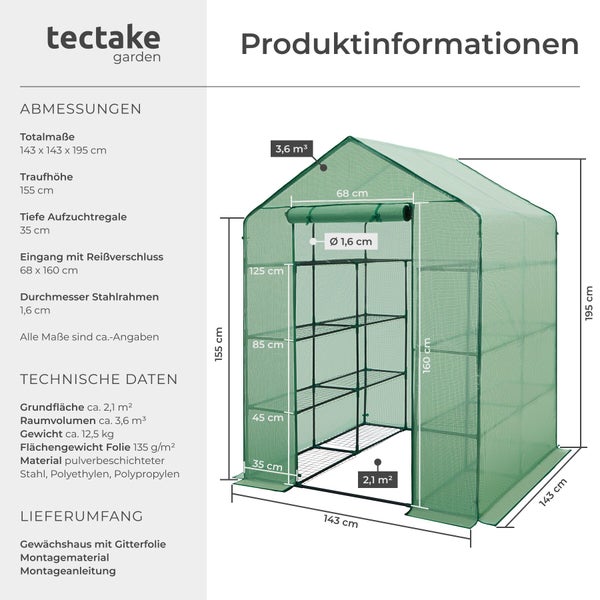 Infografik für tectake garden Gewächshaus, Gitterfolie, Maße 143 mal 143 mal 195 Zentimeter, Volumen 3,6 Kubikmeter und technische Daten.