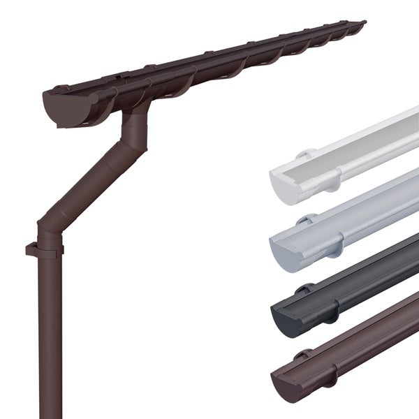 Dachrinnensystem aus Kunststoff mit halbrunder Rinne, Fallrohr und Halterungen in verschiedenen Farben.