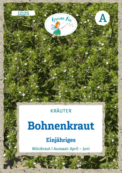 Samentüte für Einjähriges Bohnenkraut der Marke Grüne Fee, Aussaat von April bis Juni. Grüne Fee Logo.