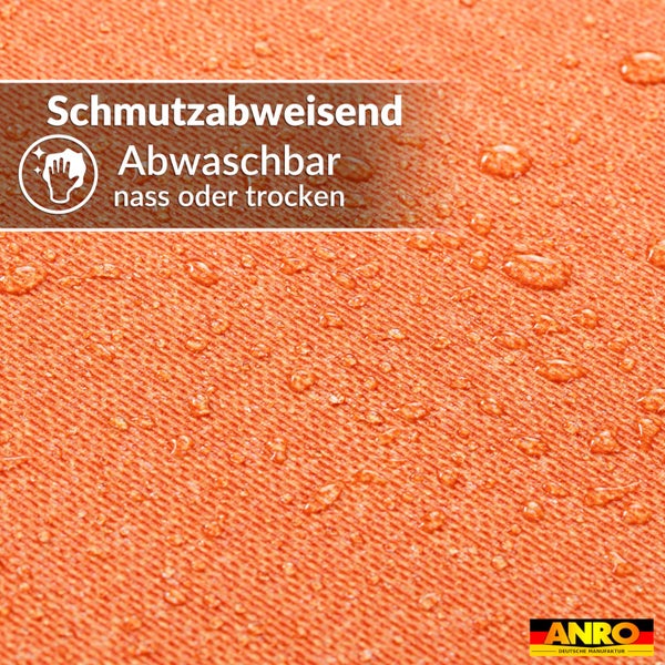 Schmutzabweisendes und nass oder trocken abwaschbares Gewebe mit Wassertropfen. ANRO Logo.