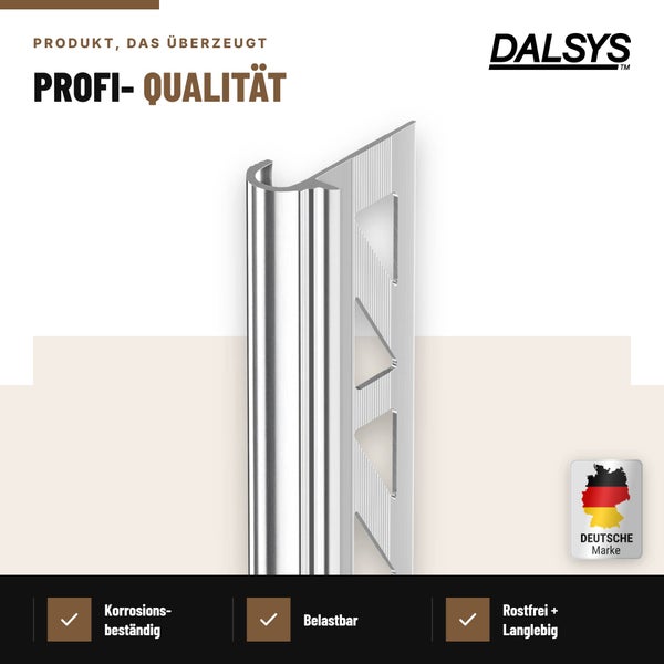Dalsys Treppenprofil Montageanleitung in sechs Schritten zur Verlegung auf einer Treppenstufe mit Fliesenmörtel und Fliesen.