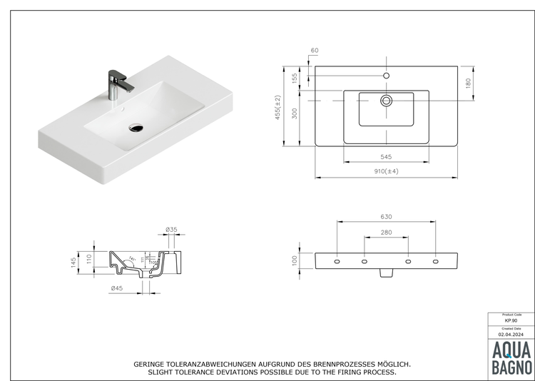 Aqua Bagno Quadra Soft Waschbecken KP.90 – 91 x 45,5 cm – Weiß Hochglanz – Keramikbecken mit Hahnloch & Überlauf
