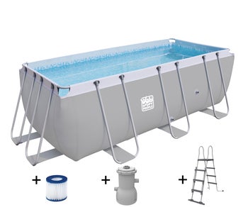 Rechteckiger Aufstellpool mit Filterpumpe, Filterkartusche und Poolleiter.