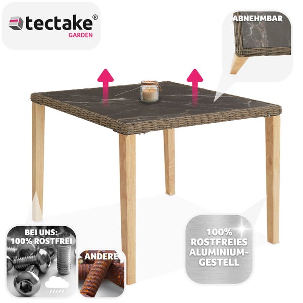 Rattan Tisch tectake Tarent 93,5 x 93,5 x 75 cm mit Aluminium- und Holzgestell natur
