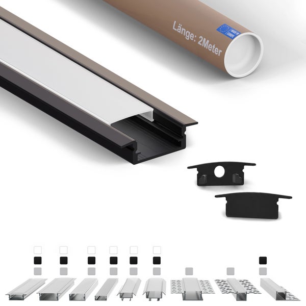 LED Aluminium Einbauprofil mit Abdeckung und Endkappen, zwei Meter Länge, in einer Versandrolle verpackt.