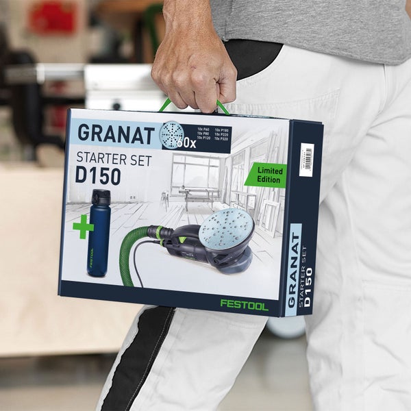 Festool Granat Starter Set D150 in Verpackung, gehalten von einer Person