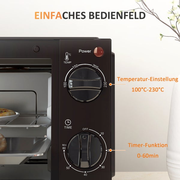 Bedienfeld eines Minibackofens mit Drehreglern für die Temperatureinstellung von 100 bis 230 Grad Celsius und eine Zeitschaltuhr bis 60 Minuten.