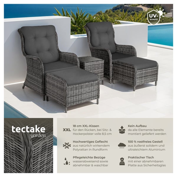 Rattan Sitzgruppe tectake Benissa mit Sicherheitsglasplatte für 2 bis 4 Personen grau-meliert/grau