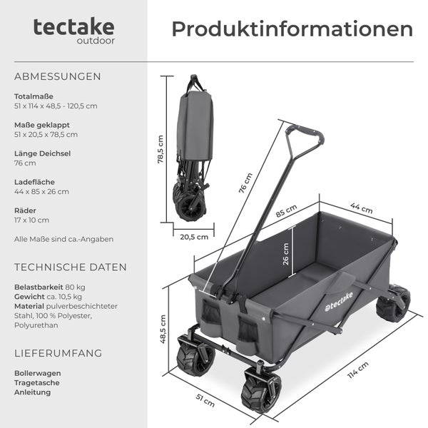 Bollerwagen tectake Heidrun inklusive Tragetasche, Belastbarkeit 80 kg faltbar grau
