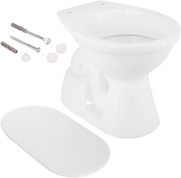 Calmwaters® Weißes Stand WC als Tiefspüler mit senkrechtem Abgang im Set mit Schallschutzmatte und Befestigung, 99000216
