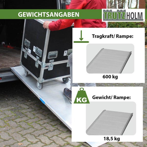 Trutzholm Logo. Gewichtsinformationen zur Rampe mit einer Tragkraft von 600 kg und einem Eigengewicht von 18,5 kg.